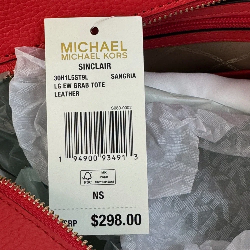 Michael Kors Large Tote Bag Red‎ Leather Double Handle Zip Top Shoulder Bag